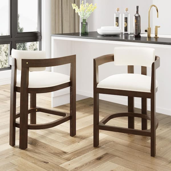 Corlas 26 in. Medieval Modern Upholstered Counter Stools with Footrest, Solid Wood Frame, Walnut Plus Beige, Set of 2