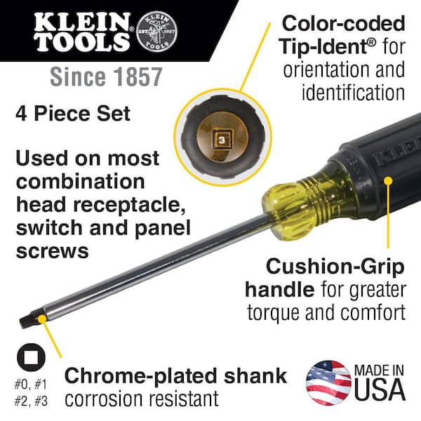 4-Piece Square Recess Screwdriver Set- Cushion Grip Handles