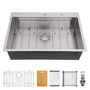 33 in. Drop-In/Topmount Single Bowl 16-Gauge Stainless Steel Dual-Tier Ledge Workstation Kitchen Sink with Bottom Grid