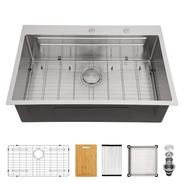 Sarlai 33 in. Drop-In/Topmount Single Bowl 16-Gauge Stainless Steel Dual-Tier Ledge Workstation Kitchen Sink with Bottom Grid