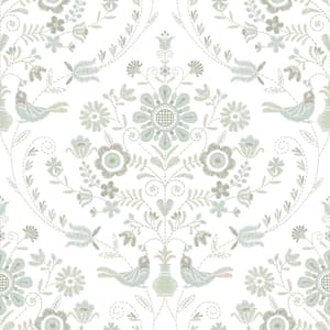 Britt Neutral Embroidered Damask Paper Glossy Non-Pasted Wallpaper Roll