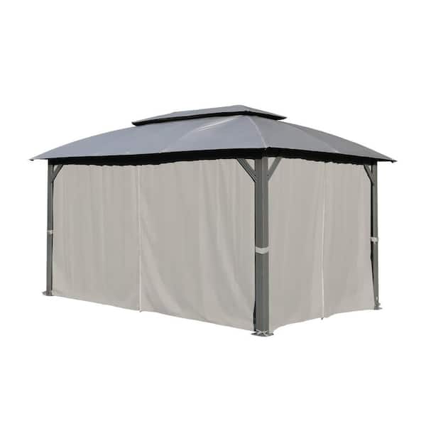 10 ft. x 14 ft. Gray Outdoor Gazebo with Double Roofs, Privacy Curtains, Mosquito Nettings, Heavy-Duty Metal Frame