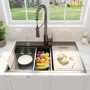 Gunmetal Black Stainless Steel 32 in. 18G Single Bowl Dual Mount Workstation Kitchen Sink with Black Spring Neck Faucet