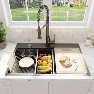 Gunmetal Black Stainless Steel 33 in. 18 Gauge Double Bowl Dual Mount Workstation Kitchen Sink