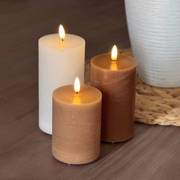 H5/6/7 in. x W3 in. White/Cream/Brown Real Wax LED Pillar CandleLight with Control Timer and Dimmable (3-Pack)