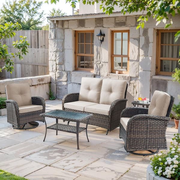 SleekArm 5-Piece Brown Wicker Patio Conversation Set with Olefin Beige Cushion/Glider Loveseat with Patio Swivel Chairs