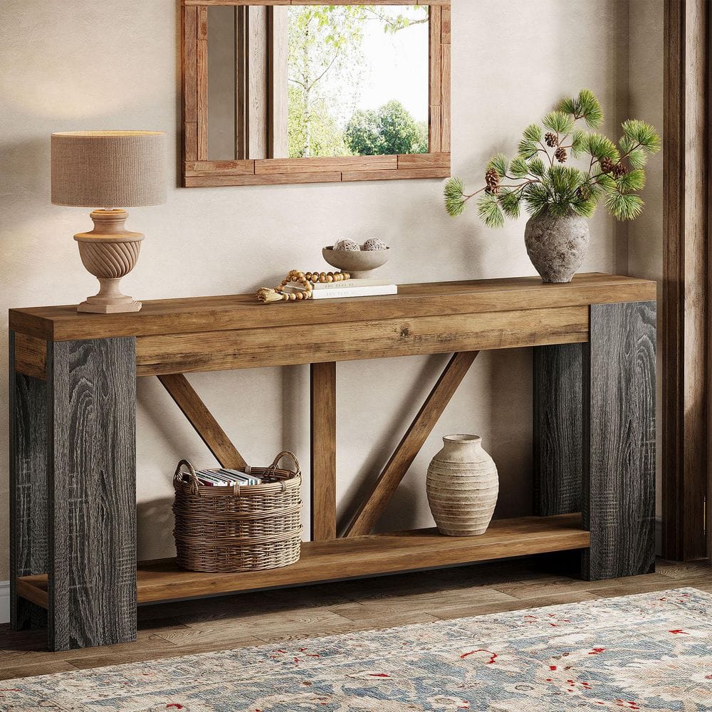 BYBLIGHT Turrella 71 in. Brown & Dark Gray Rectangle Wood Console Table ...