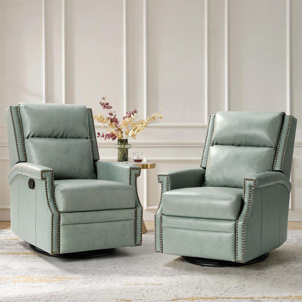 JAYDEN CREATION Dryope Sage Genuine Leather Swivel Rocker Recliner with ...