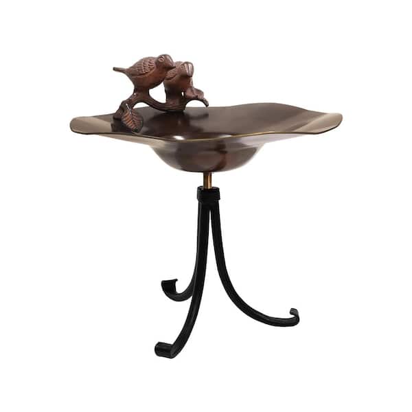 ACHLA DESIGNS 13 in. Dia, Round Antique Patina Brass or Aluminum Birds Birdbath with Tall Black Wrought Iron Tripod Stand