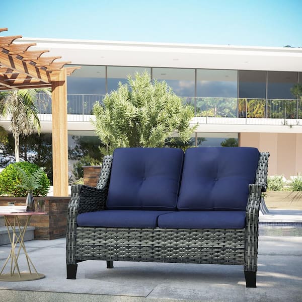 Brown Wicker Outdoor Loveseat Patio Sofa Deep Seating with Blue Cushions