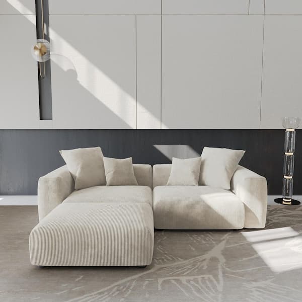 Unbranded 102 in. Square Arm Corduroy 3-Piece Modular Living Room Sectional Sofa with Deep Seat and Ottoman in Beige 3-Seater