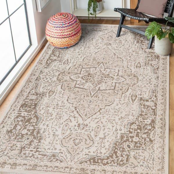 Alpine 9 x 12 Light Cream Medallion Pattern Area Rug for High Traffic Living Room Dining Room Bedroom