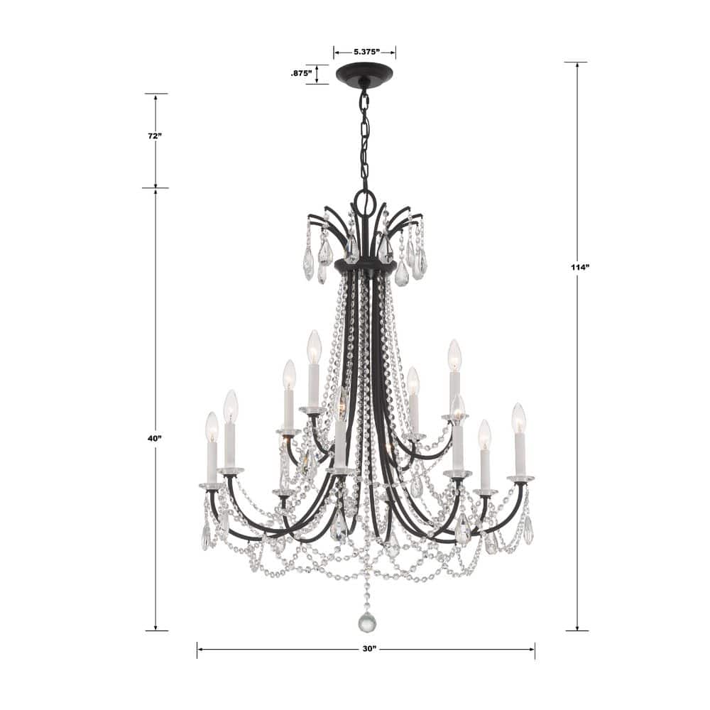 Matte Black and Crystal 12-Light Candle Chandelier