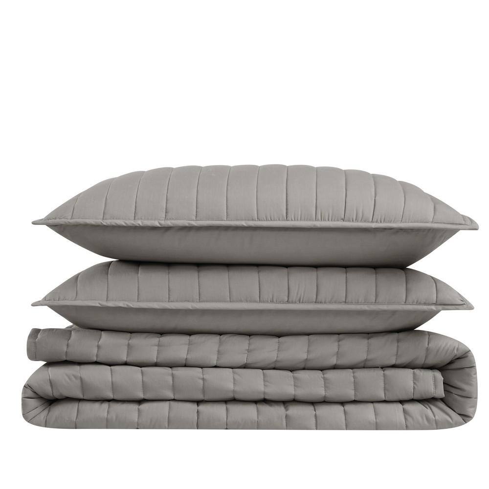 Gray Full Cotton Percale Quilt Set with Polyfill