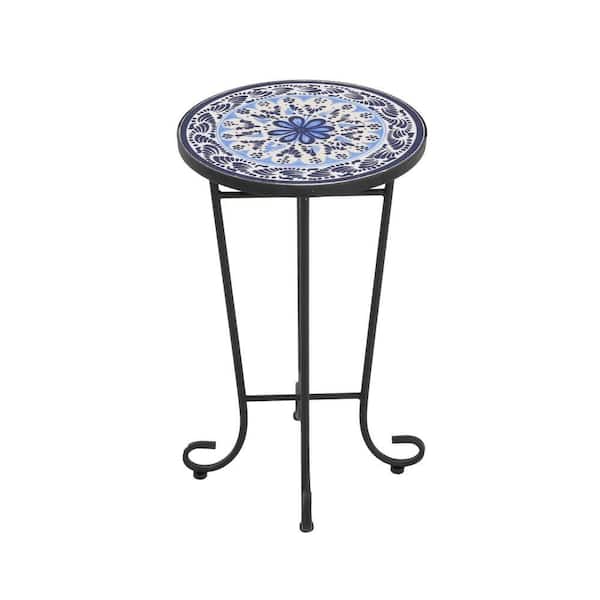 Black Blue Round Ceramic Outdoor Side Table