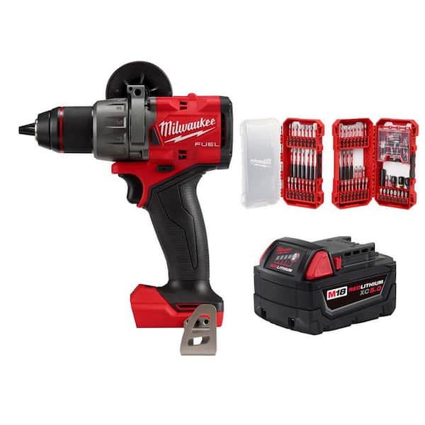 M18 FUEL 18V Lith-Ion Brushless Cordless 1/2 in. Hammer Drill/Driver w/ 5.0 Ah Battery & Screwdriver Bit Set