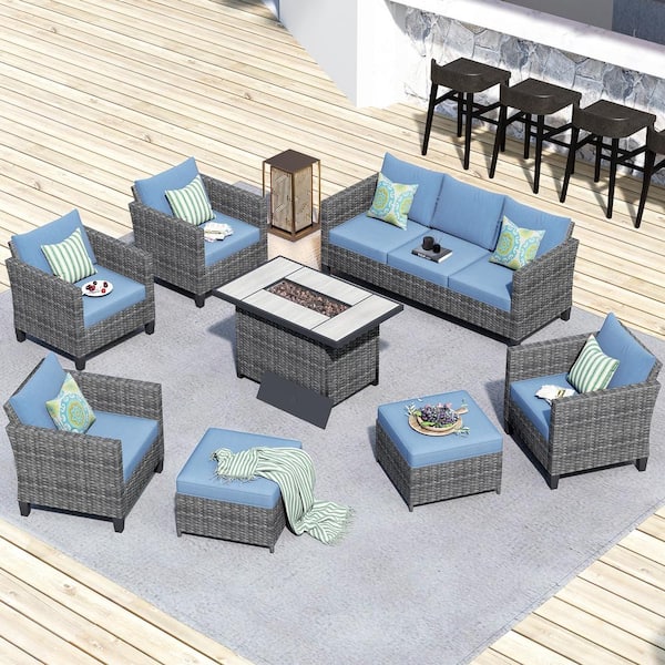 OVIOS New Star Gray 8-Piece Wicker Patio Rectangle Fire Pit Conversation Seating Set with Blue Cushions