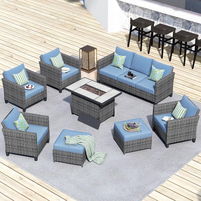 New Star Gray 8-Piece Wicker Patio Rectangle Fire Pit Conversation Seating Set with Blue Cushions