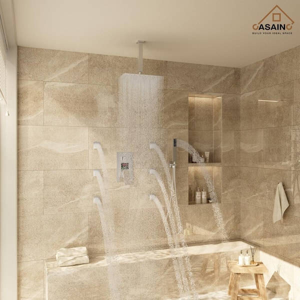 LED Display 3-Spray 12 in. Wall Mount Dual Shower Heads and Handheld Shower Head with 2.5 GPM in Brushed Nickel
