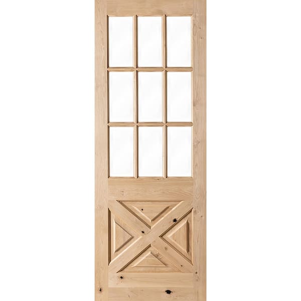 Krosswood Doors 32 in. x 96 in. Rustic Knotty Alder 9-Lite Clear Glass with X-Panel Unfinished Wood Front Door Slab