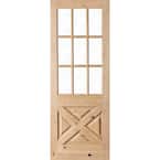 42 in. x 96 in. Rustic Knotty Alder 9-Lite Clear Glass with X-Panel Unfinished Wood Front Door Slab