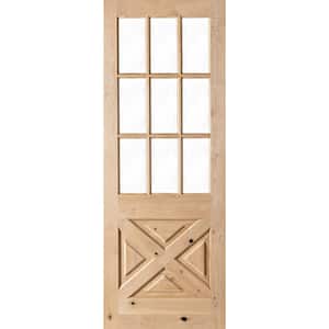 42 in. x 96 in. Rustic Knotty Alder 9-Lite Clear Glass with X-Panel Unfinished Wood Front Door Slab