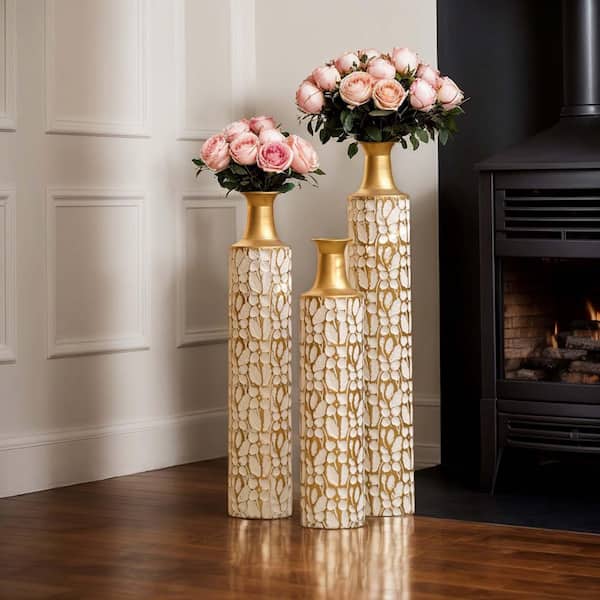 ANBAZAR Antique White Gold Metal Floor Vintage Decorative Vases set of 3
