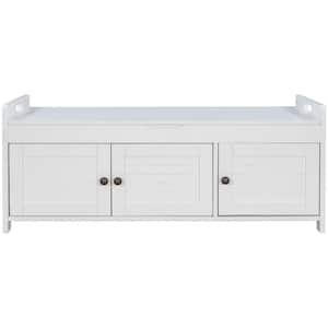 43.5 in. W x 16 in. D x 18 in. H White Storage Bench with 3 Shutter-shaped Doors Shoe Bench with Removable Cushion