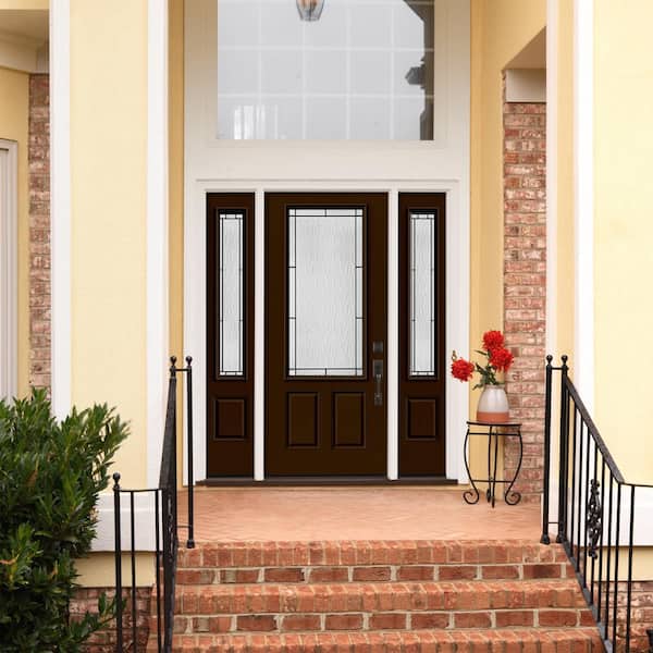 36 in. x 80 in. Left Hand/Inswing 3/4 Lite Wendover Decorative Glass Dark Chocolate Steel Prehung Front Door w/Sidelites