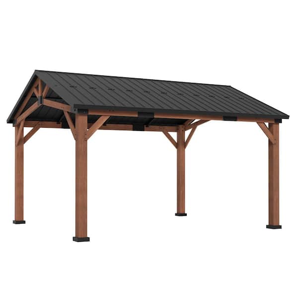 Hampton 12 ft. x 14 ft. Brown Wood Outdoor Gazebo with Iron Peak Roof HardTop Patio Pavilion