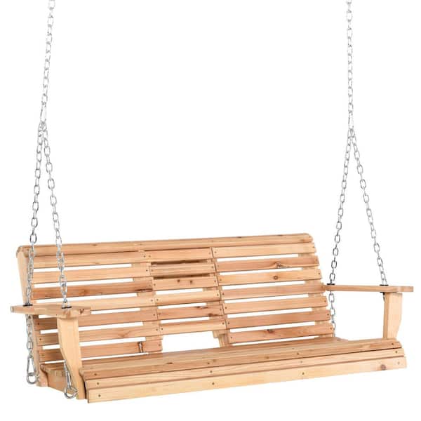 JimsMaison 59.00 in. 3-Person Natural Wood Patio Swing Bench with Folding Coffee Table