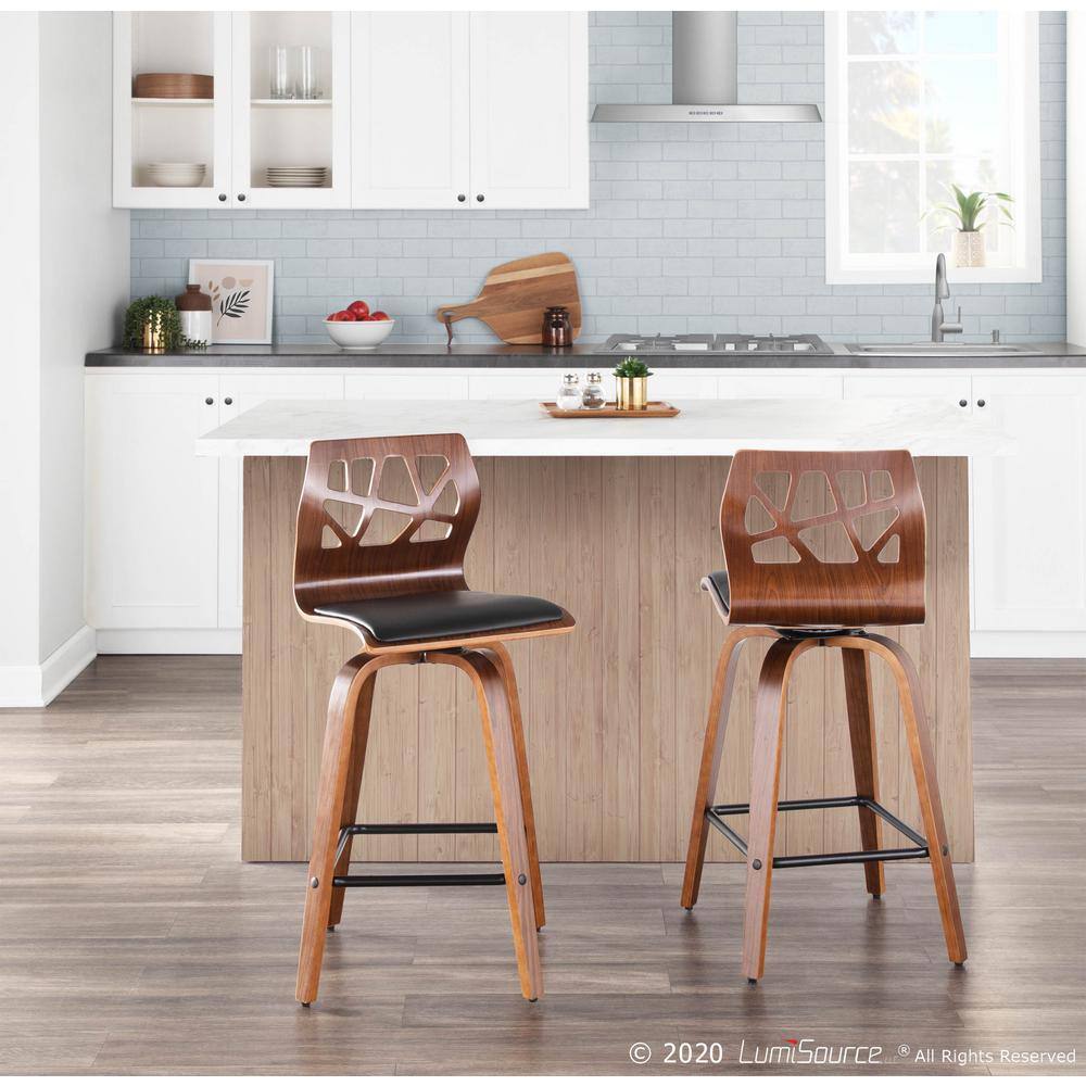 Mid-Century Modern Swivel Counter Stool in Black Leather and Walnut Wood