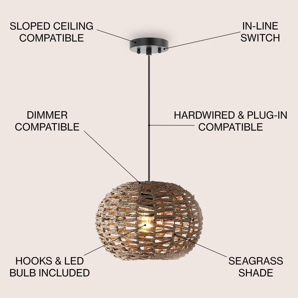 Isla Farmhouse 14" Brown Rattan LED Pendant with Adjustable Cord