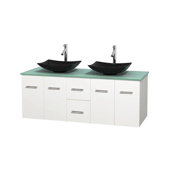 Wyndham Collection Centra 60 in. Double Vanity in White with Glass Vanity Top in Green and Black Granite Sinks