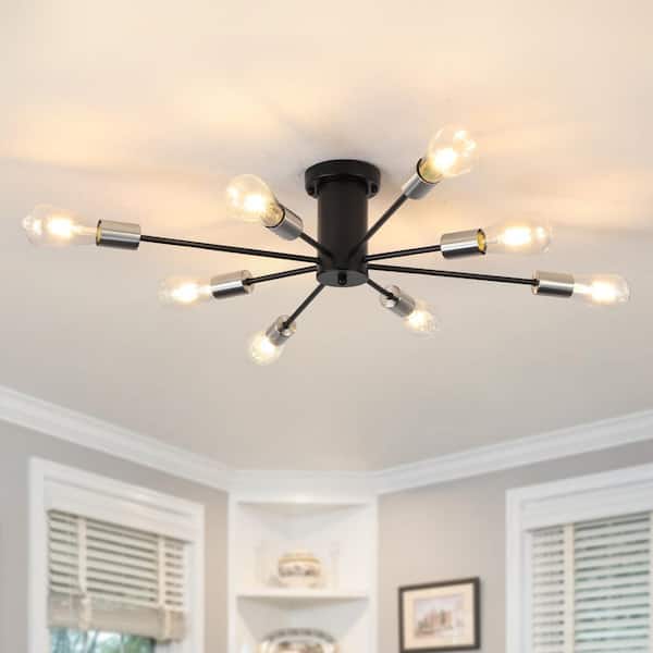 LWYTJO Theis 30.12 in. 8-Light Black/Nickel Semi Flush Mount Sputnik Chandelier Modern Linear Kitchen Ceiling Mount Light
