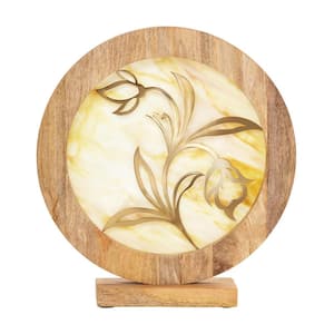 Flowering Elegance Yellow Light Amber and Gold-Stained Glass Panel with Mango Wood Frame