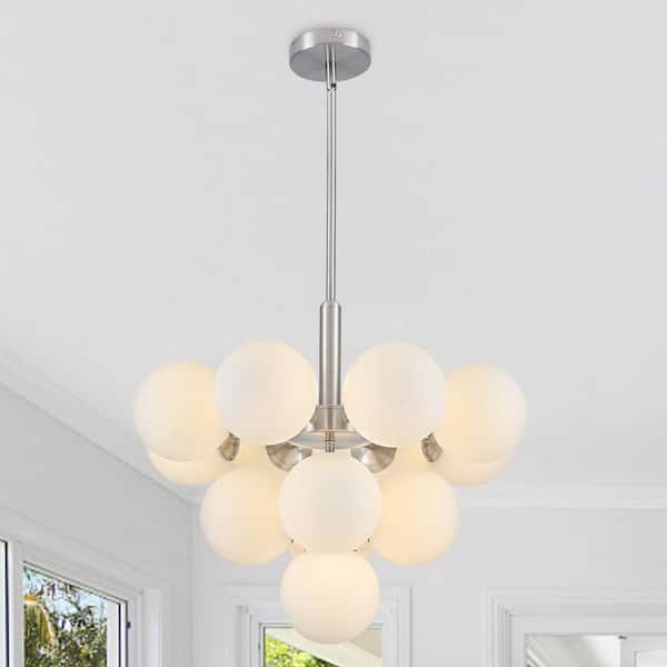 22. 44 in. 13-Light Nickel Classic Sputnik Atomic Tiered Bubble Cluster Chandelier with Opal Glass Globe for Living Room