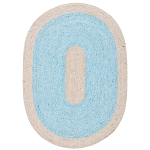 Braided Blue Beige 5 ft. x 7 ft. Abstract Striped Oval Area Rug