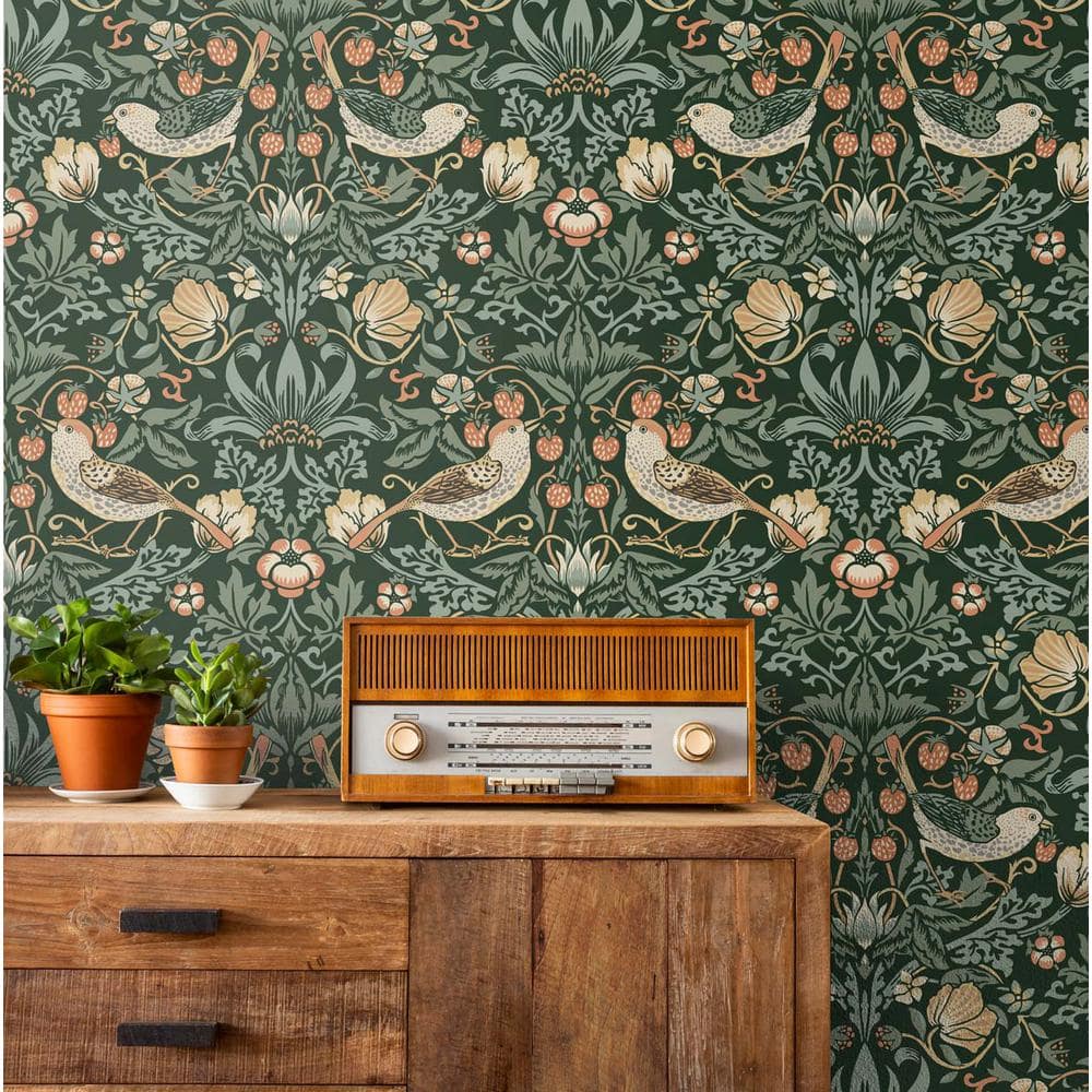 Forest Green Bird and Floral Peel and Stick Wallpaper