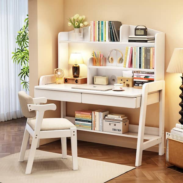 2-Piece Wood Top White Kids Study Desk and Chair Set for Kid with Drawers and Bookshelf