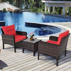 3-Piece Rattan Wicker Outdoor Patio Conversation Set Sofa Chair with Red Cushions