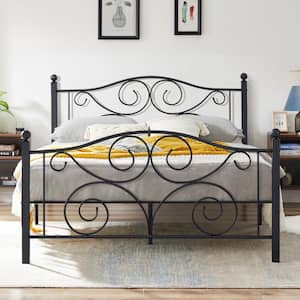 Queen Size Bed Frame Support with Headboard and Footboard, No Box Spring Need Metal Platform Bed, Black, 60"W