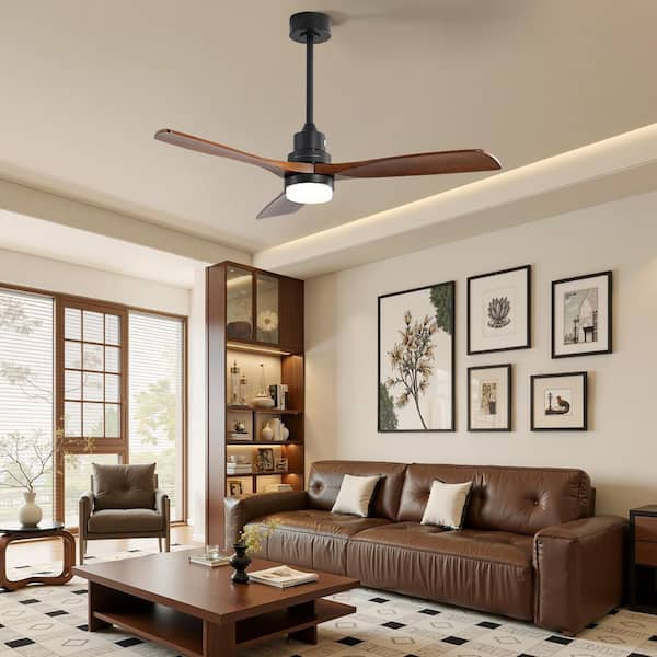 52 in. Black and Brown Downrod Mount Standard Indoor/Outdoor Smart Ceiling Fan with Light, App and Remote Included