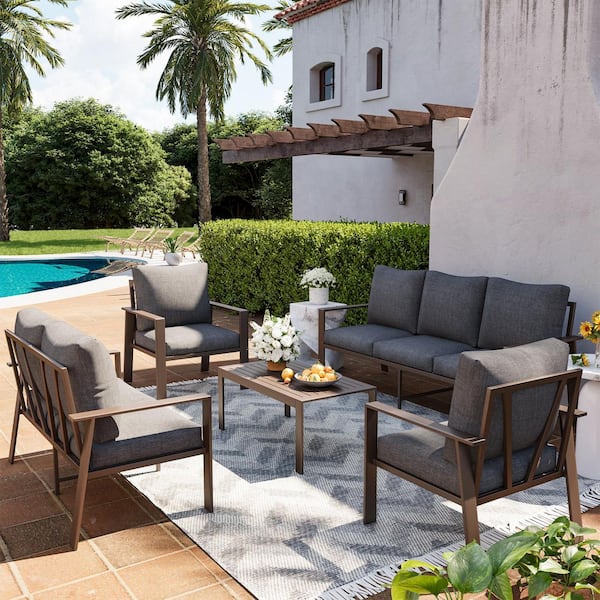 Poteban 5-Piece Aluminum Patio Conversation Set With Gray Cushion