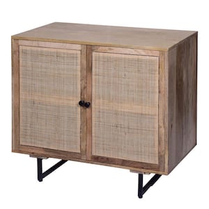 Natural Brown and Black Handcrafted Accent Cabinet with 2 Mesh Rattan Doors and Iron Legs