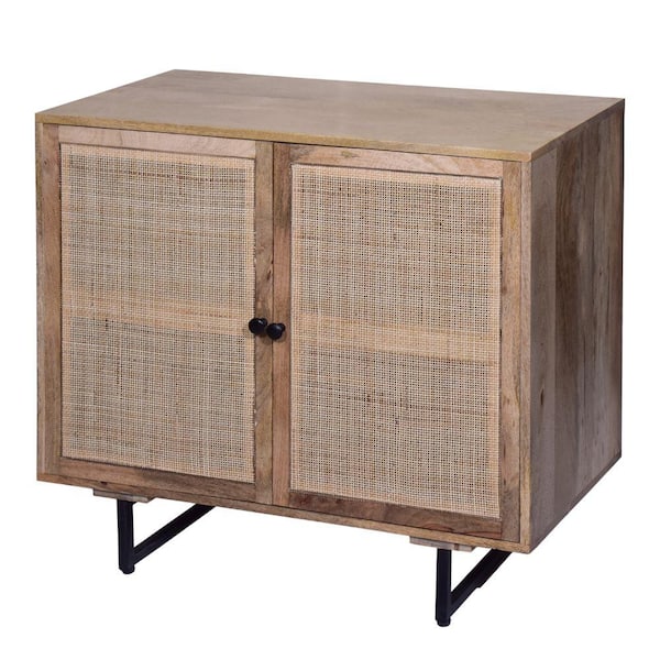 THE URBAN PORT Natural Brown and Black Handcrafted Accent Cabinet with 2 Mesh Rattan Doors and Iron Legs