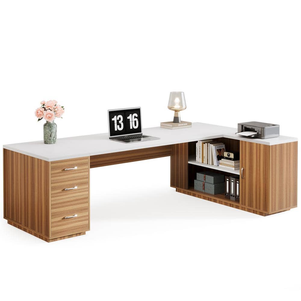 Capen 85.8 in. White and Brown L-Shaped Executive Desk Extra Large Business Office Desk with Storage Drawers and Shelves