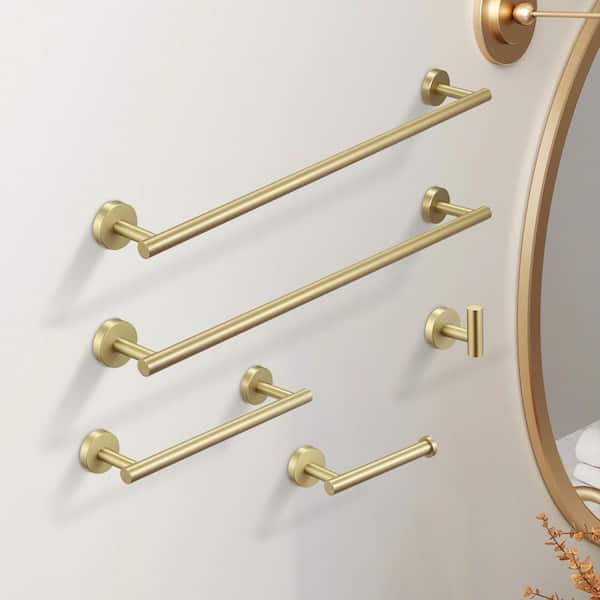 5-Piece Bath Hardware Set with Towel Bar Rack in Gold