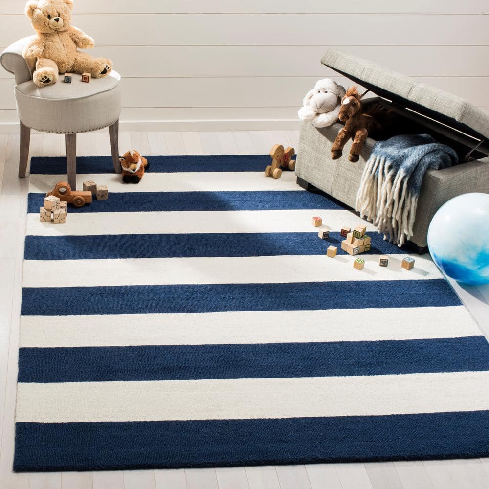 Ivory and Navy Striped Wool Kids 9' x 12' Rug