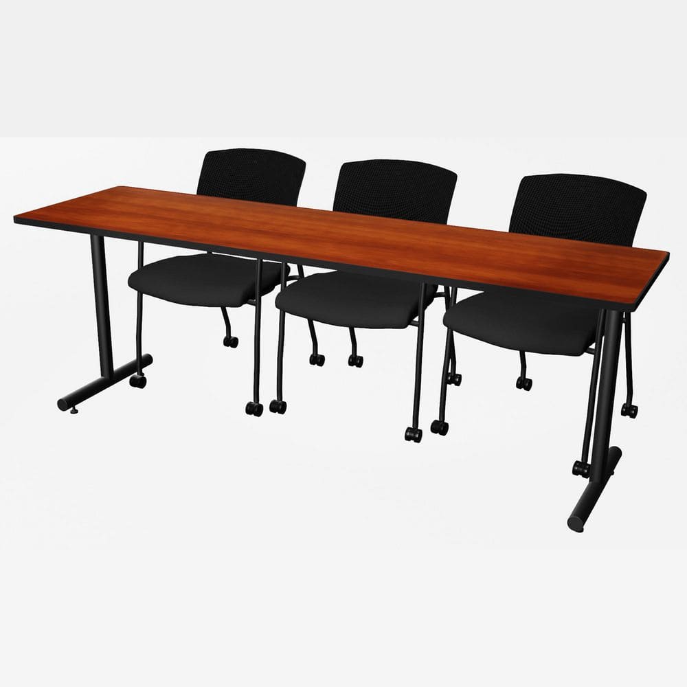 Kobe 84 in x 24 in. Cherry T-Base Training Seminar Table Desk, 2 Knight Mesh Chairs